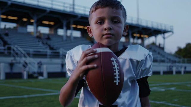 Young football player standing confidently on stadium turf, gripping ball and displaying range of expressive poses during dynamic storyboard sequence capturing athletic determination