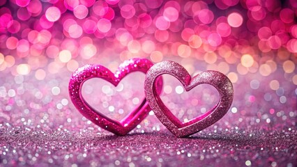 Two interlocking hearts made of pink glitter on a shiny background with a subtle gradient effect
