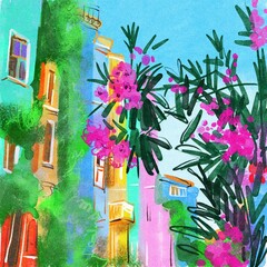 watercolor drawing of a house  and flowers. Istambul
