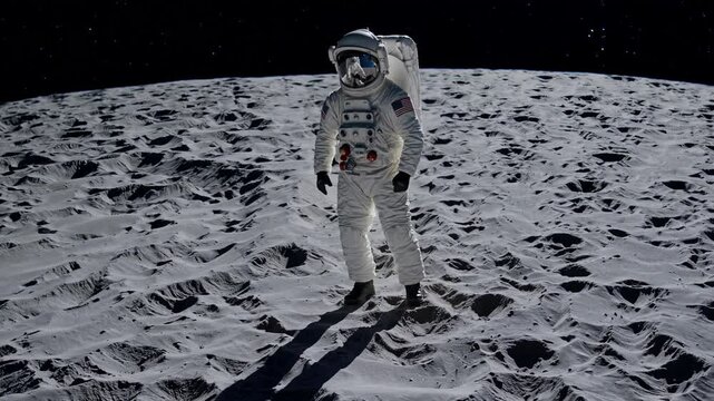 Spacesuited astronaut walking across desolate lunar surface, american flag patch visible, starry cosmic backdrop highlighting human exploration and scientific achievement in low gravity environment