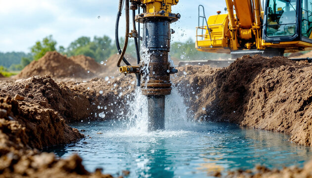 Heavy machinery drilling for artesian well water supply, showcasing water and soil displacement