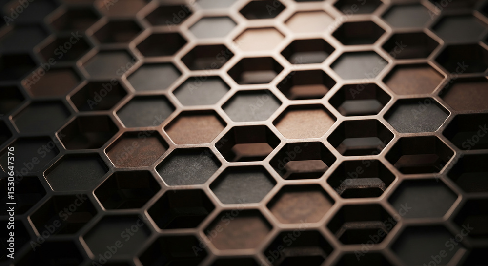 Poster close-up of bronze-toned honeycomb pattern, exhibiting a textured metallic surface, showcasing geome
