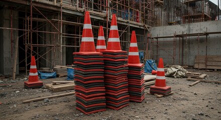 Stacked Orange and White Traffic Cones at Construction Site Emphasizing Safety and Progress with Scaffolding and Concrete Structures