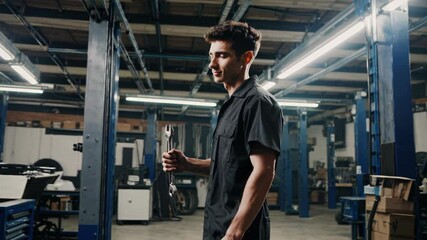 Confident mechanic holding a wrench in a professional auto repair shop, embodying expertise and readiness to tackle any mechanical challenge