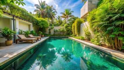 Lush greenery surrounds a serene clear pool villa leisure area during the day