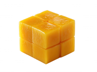 Six vibrant yellow mango cubes are stacked together forming a larger cube against a clean white background, highlighting the fruit's fresh, juicy texture and color.