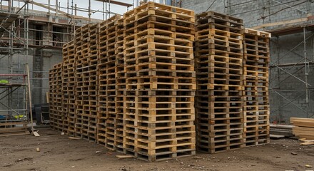 Stacked Wooden Pallets at a Construction Site Featuring Raw Textures And Industrial Storage And Distribution