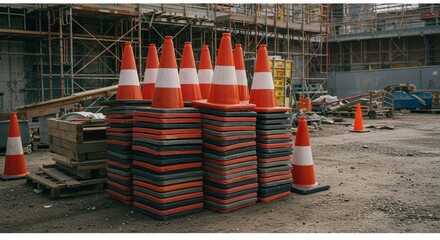 Stacks of Orange and White Traffic Cones in a Construction Site under Daylight