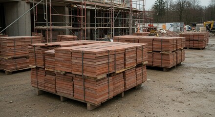 Stacks of Red Brick Paving Stones on Pallets at Muddy Construction Site with Exposed Scaffolding and Bare Trees Under Overcast Sky