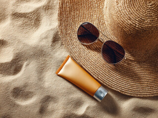 Relaxing beach scene featuring straw hat, sunglasses, and sunscreen tube resting on soft sand, evoking sense of summer leisure and sun protection