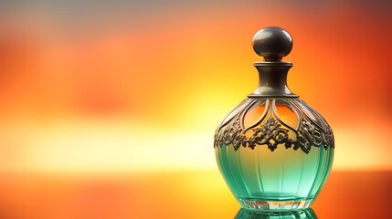 Obraz premium A perfume bottle with a gradient effect in the glass, on a split of sunset orange and seafoam green.