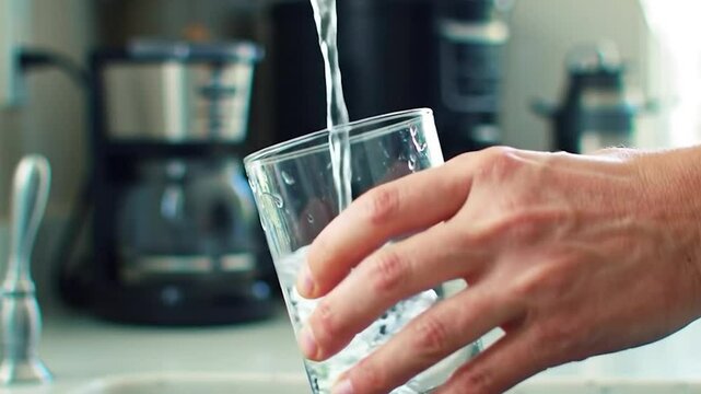 gros plan sur une main remplissant un verre d'eau du robinet.