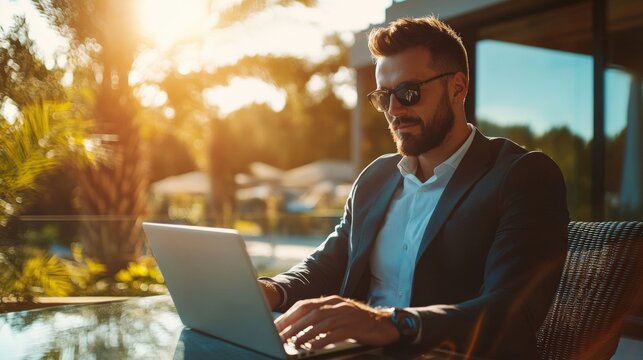 Handsome man wearing sunglasses working outdoors on a laptop computer