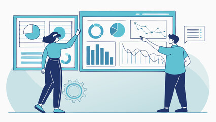 Obraz premium Woman and man presenting data charts and graphs on screens in a business meeting illustration style