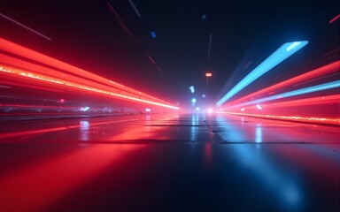 Abstract digital art with vibrant red and blue light streaks against a dark backdrop, creating a dynamic and futuristic effect.  Reflective surface adds depth and dimension. High quality