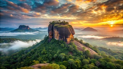 Majestic Lion Rock at sunrise against a backdrop of misty mountains and valleys in Sri Lanka's Sigiriya area