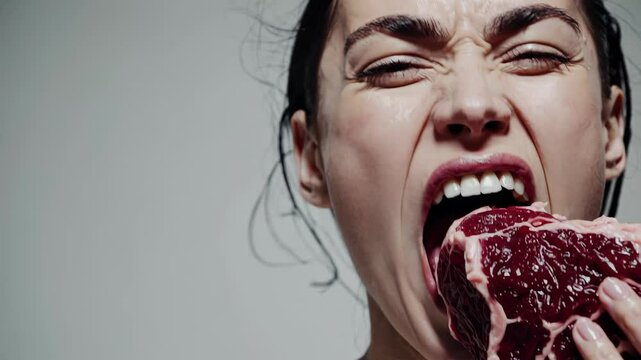 Conceptual close up of a young woman intensely biting into a large piece of raw red meat against a white background, expressing primal hunger or making a statement