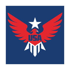 Patriotic american eagle emblem with red wings and white star on blue background