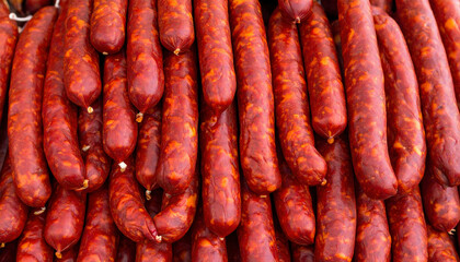 Dozens of neatly arranged spicy red sausages are displayed in perfectly aligned rows, showcasing uniformity, texture, and rich color in a commercial food production setting.