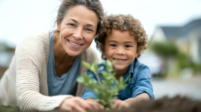 A mother and son team up to plant saplings, celebrating Earth Day with their community.