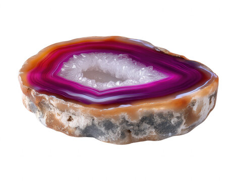 A vibrant agate slice exhibits concentric bands of rich purple, orange, and white crystals, creating a mesmerizing natural pattern on a pure white background.