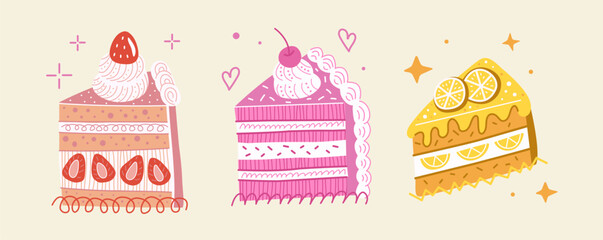 Set of birthday abstract cake slice with cream and cherry in flat vintage style. Layered pink dessert on isolated background. Lemon pie