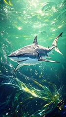 Fototapeta premium A beautiful Shark swims in the blue ocean, a natural underwater scene of seawater animal life 003