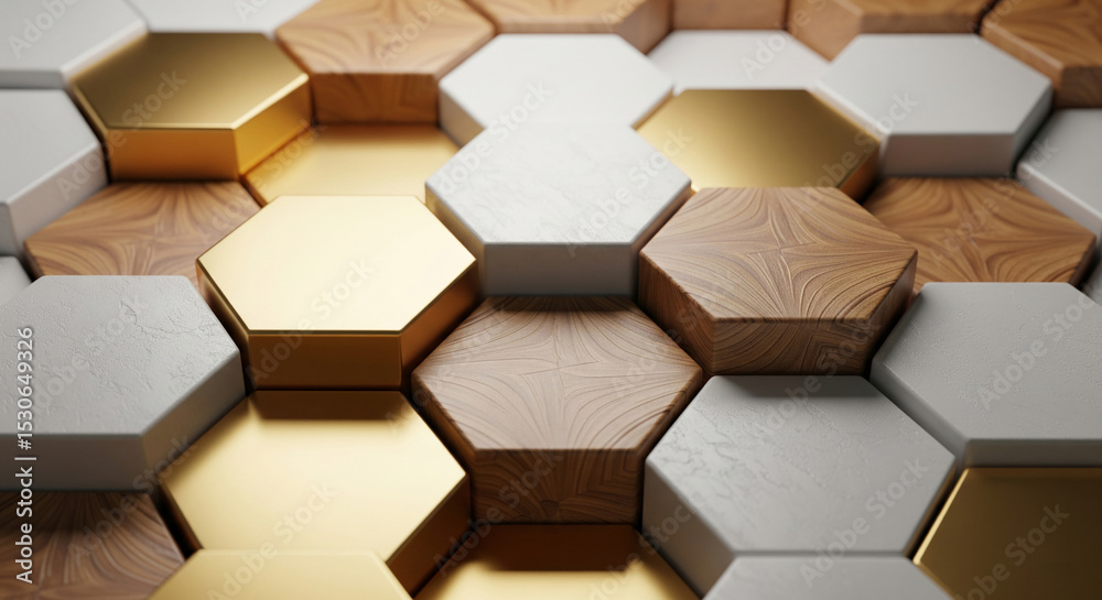 Poster hexagonal gold, wood, and white geometric pattern, creating a modern and luxurious texture showcase 