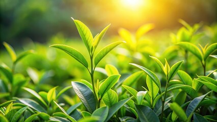 Obraz premium Fresh green tea leaves basking in warm morning sunlight