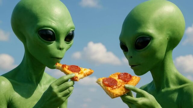 Two green aliens eating pizza under a blue sky. Close-up angle, humorous and surreal style, resembling a sci-fi comedy video scene. Live desktop wallpaper.