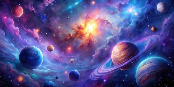 Cosmic galaxy stars and planets in a vibrant abstract celestial background with swirling clouds of purple and blue gas