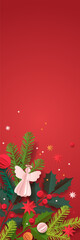 Paper cut template. Vertical Christmas vector greeting card. Christmas tree, balls, and a decor isolated on a red background. Winter frame for holidays with place for text.
