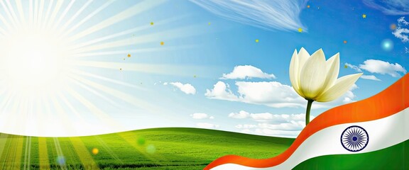 Serene Indian landscape featuring a vibrant green field sunlit sky white lotus flower and the Indian flag waving gently