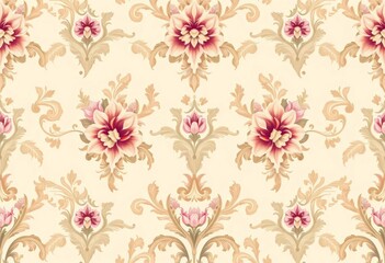 Elegant vintage floral damask wallpaper seamless pattern in faded pastel tones, antique, texture