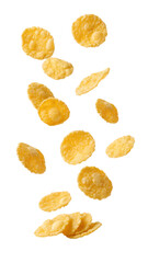 Corn flakes cereal pieces falling isolated on transparent background