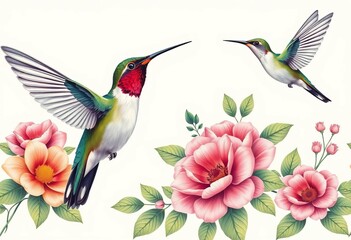 Elegant hummingbird and floral seamless pattern on cream background, repeat, print