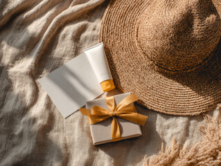 Relaxing vacation themed flat lay featuring straw hat, gift box with yellow ribbon, tube of sunscreen, and blank card, evoking sense of leisure and summer fun