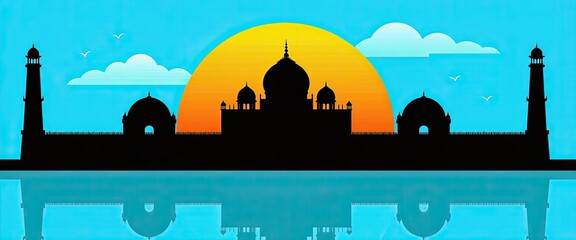Majestic Mosque Silhouette at Sunset Reflecting in Calm Water a Stunning Architectural Landmark