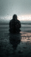 Rain drops on glass, obscuring a lone figure sitting, conveying feelings of solitude, contemplation, and introspection during a rainy day