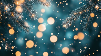 Fototapeta premium Enchanted Christmas: A mesmerizing display of shimmering fairy lights dances gracefully on evergreen branches, creating a magical, festive atmosphere, evoking the spirit of the holiday season.