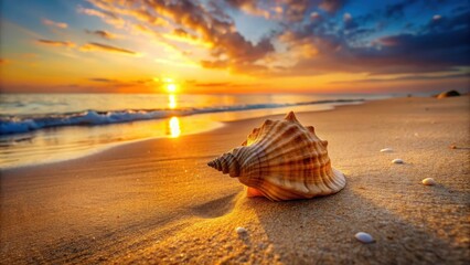A seashell partially buried in the warm sand on a tropical beach at sunset