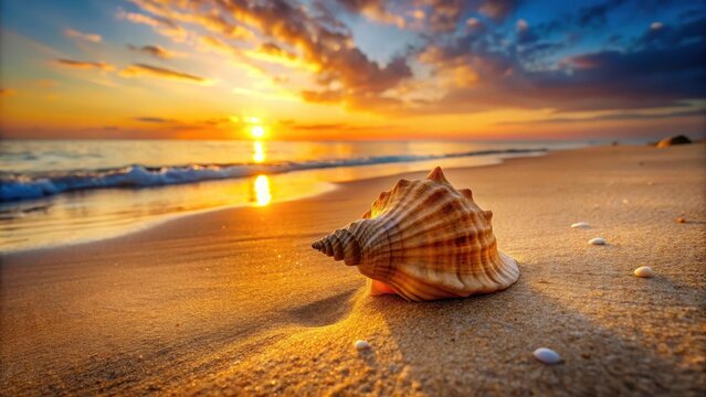 A seashell partially buried in the warm sand on a tropical beach at sunset