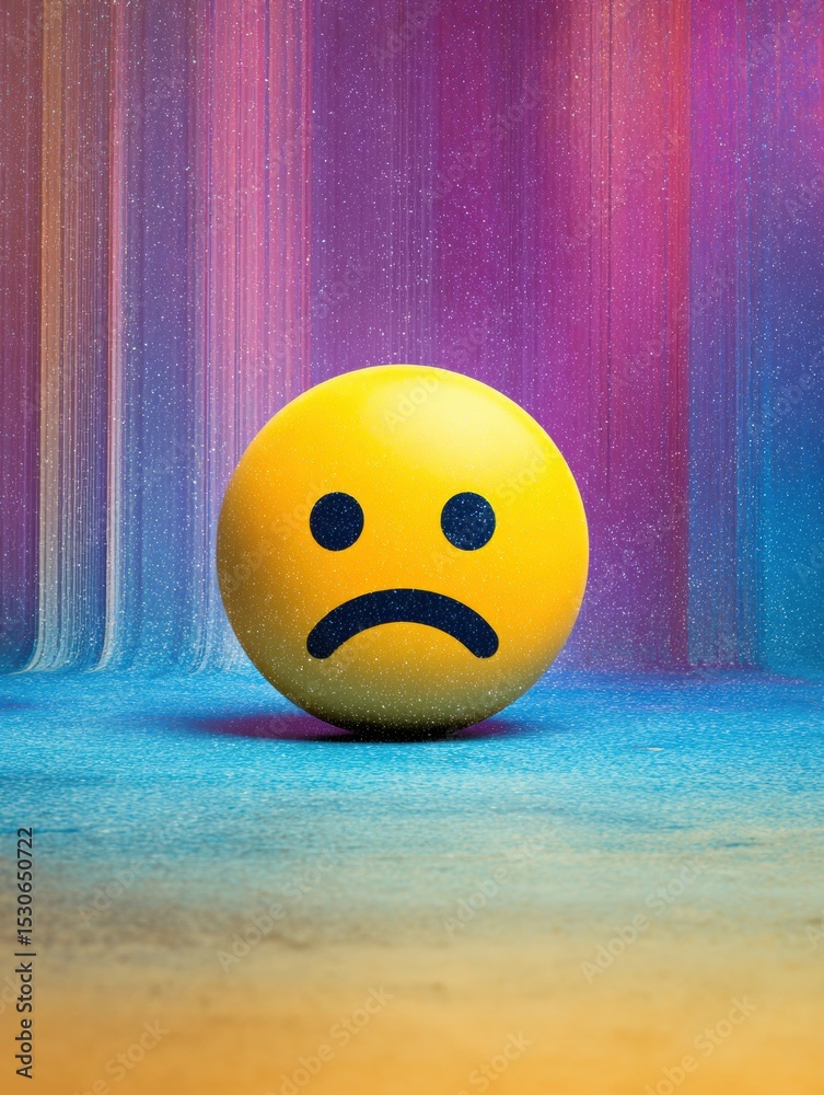 Poster Sad Emoji on Broken Background Representing Feelings of Disappointment and Frustration in a Colorful yet Chaotic Digital Space