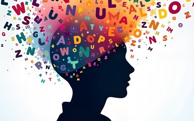 Illustration of a silhouette person s head, colorful letters floating around, representing knowledge and learning, educational theme, dynamic design, ultraHD, 8K. High quality