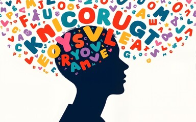 Illustration of a silhouette person s head, colorful letters floating around, representing knowledge and learning, educational theme, dynamic design, ultraHD, 8K. High quality