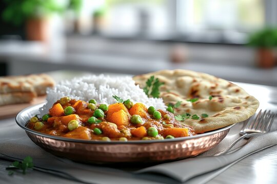 A flavorful curry dish with rice and naan bread.