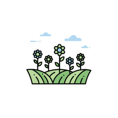 A graphic illustration of colorful flowers blooming in a field.