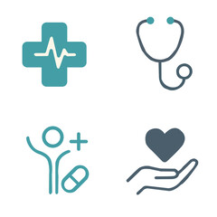 Obraz premium Medical icons show cross heartbeat, stethoscope, health person, caring heart in hand