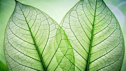 Obraz premium A delicate close-up of two translucent green leaves overlapping in the center