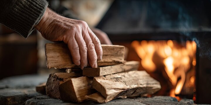 Hands arranging firewood by a crackling fireplace